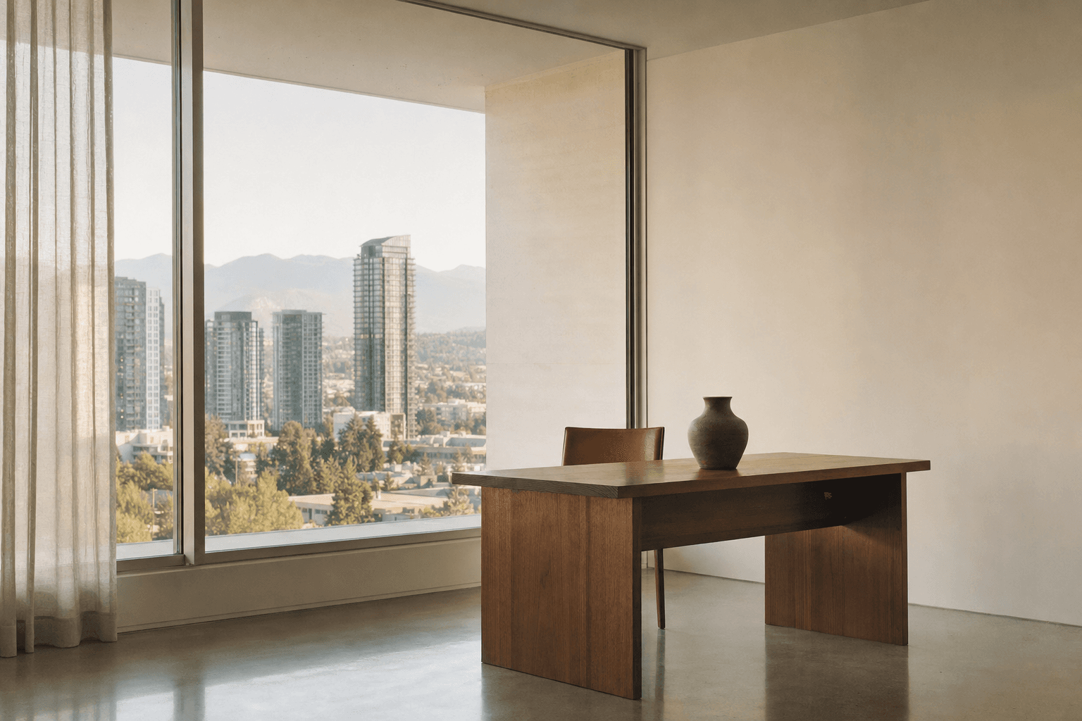 Office interior — single desk, soft daylight.