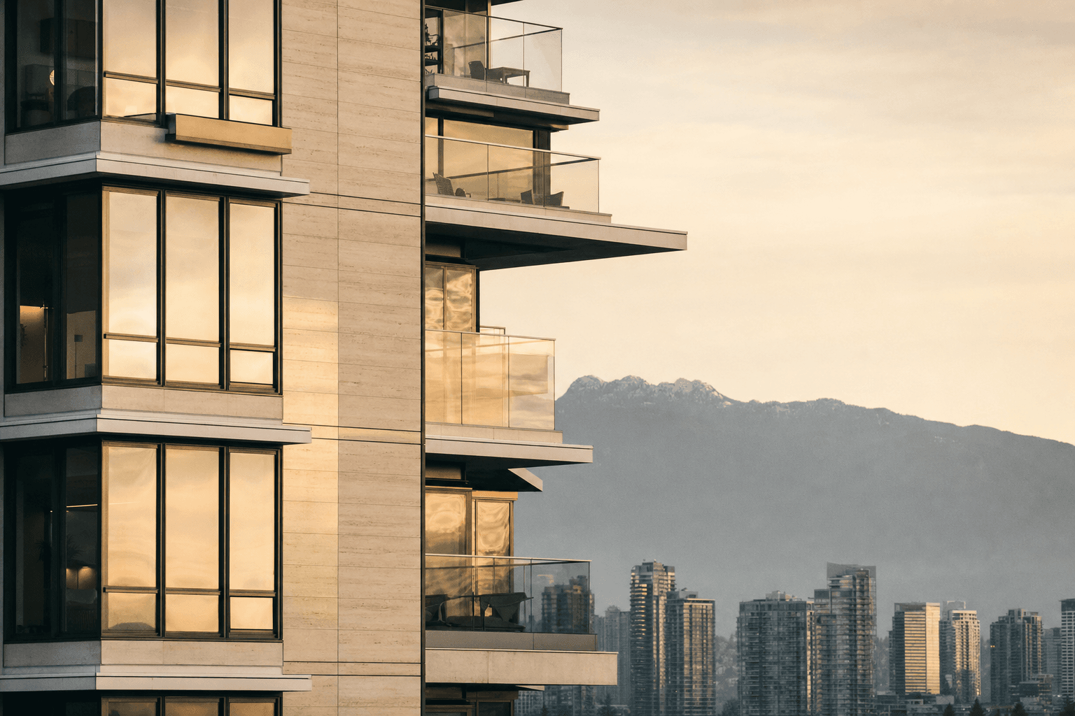 Architectural tower detail in soft golden-hour light, Burnaby BC.